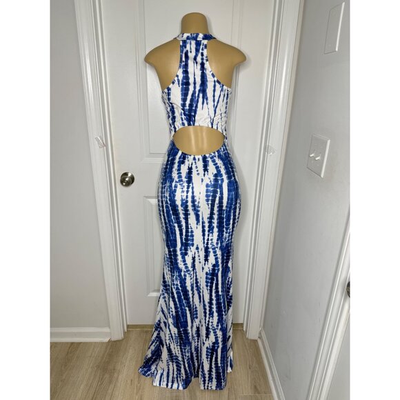 Blue & White Tie-Dye Maxi Dress Halter Neck Cutout Back Sleeveless Stretchy Medi - Picture 2 of 4